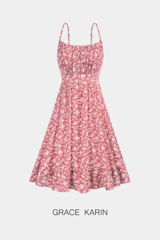 GRACE KARIN Women Defined Waist Cami Dress Spaghetti Straps Ruffled Hem A-Line Dress sold by Grace Karin