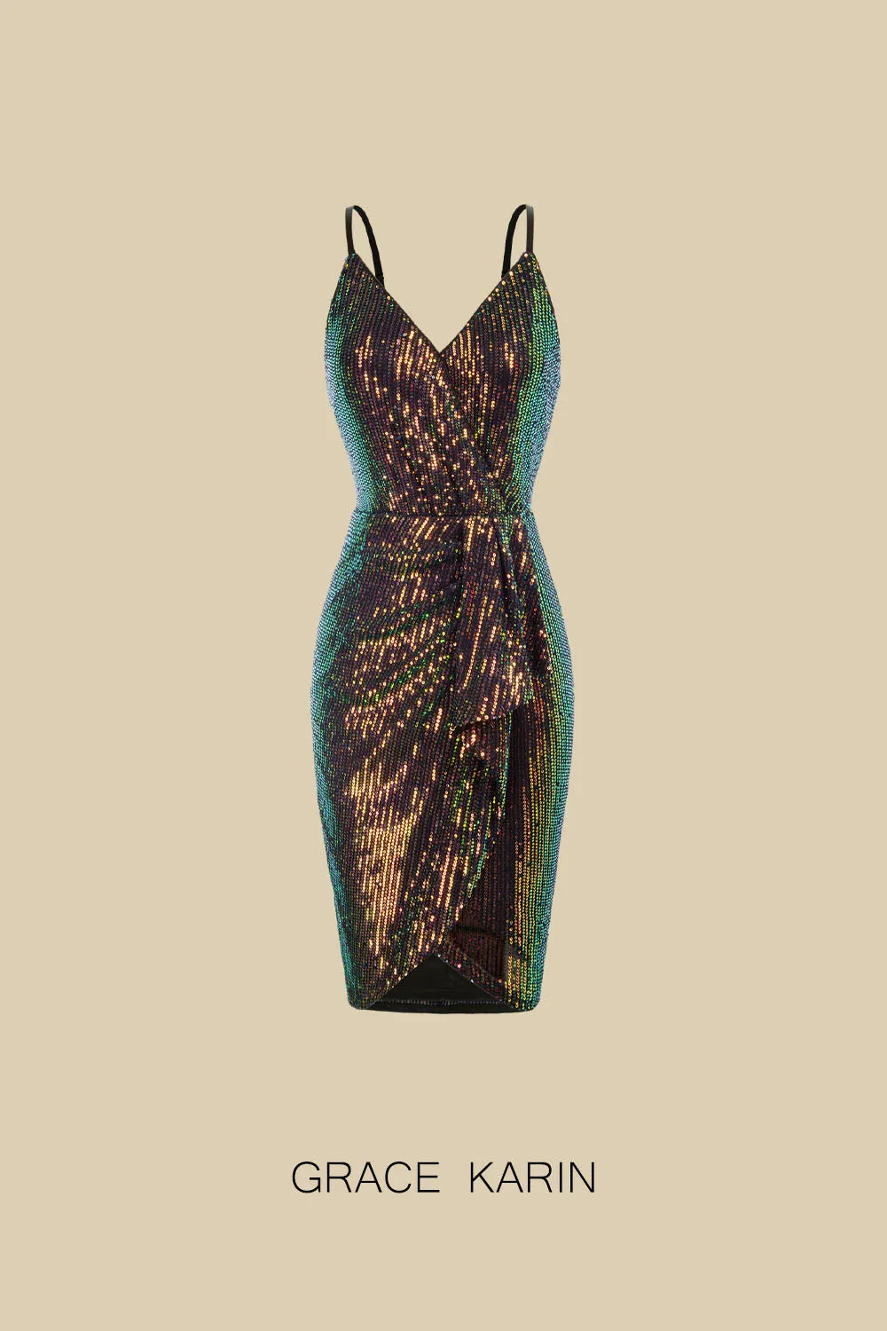 GK Women Sequined Party Dress Ruched Wrap Hem V-Neck Above Knee Cami Dress sold by Grace Karin