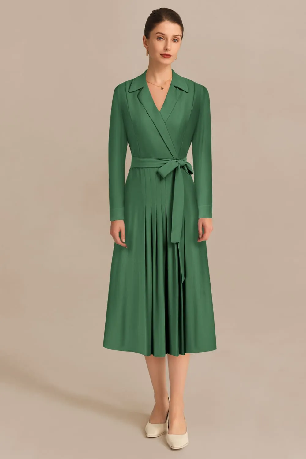 Lapel Collar Pleated Long Sleeve V-Neck Flared A-Line Dress sold by Grace Karin product image thumbnail 3