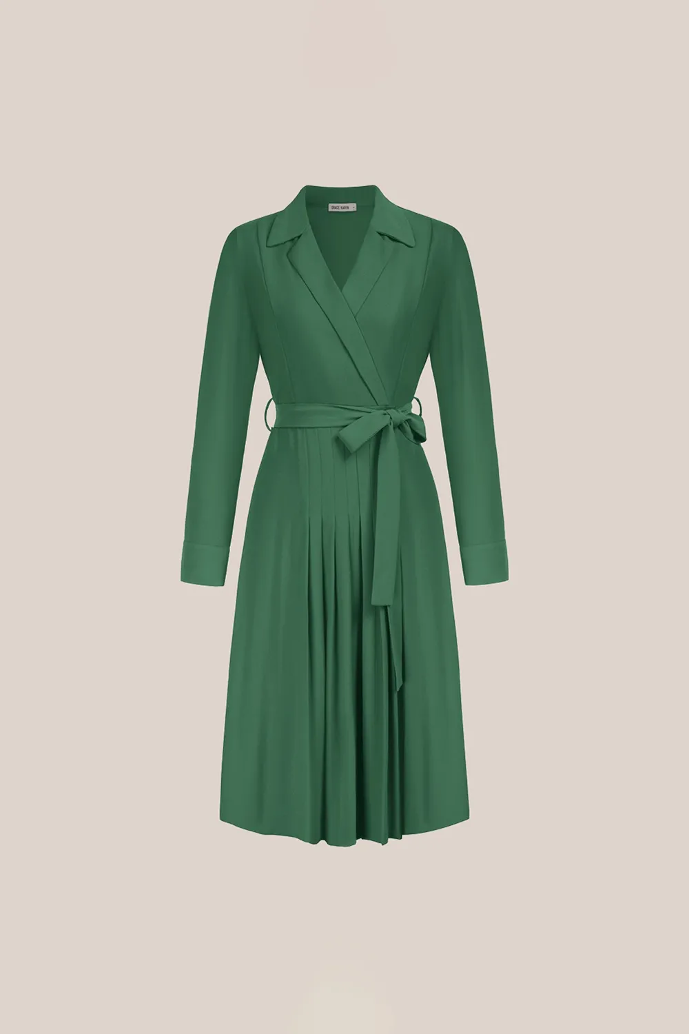 Lapel Collar Pleated Long Sleeve V-Neck Flared A-Line Dress sold by Grace Karin product image thumbnail 4
