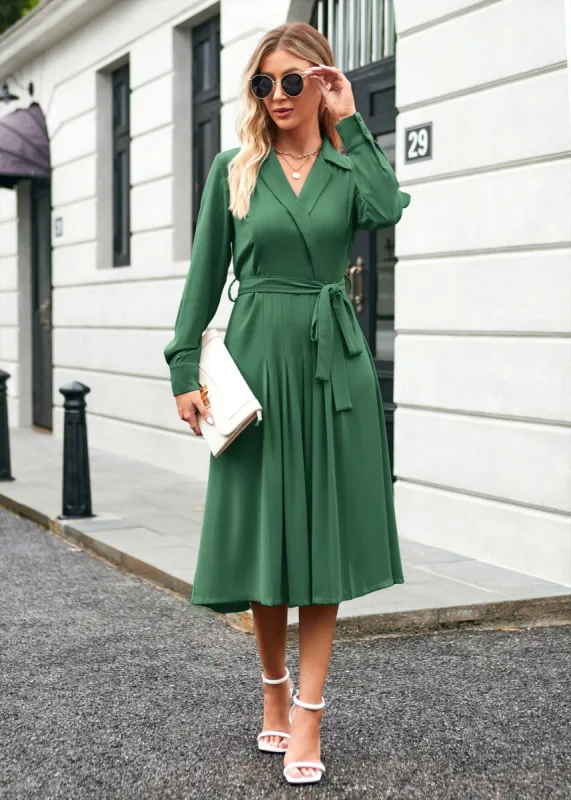 Lapel Collar Pleated Long Sleeve V-Neck Flared A-Line Dress sold by Grace Karin