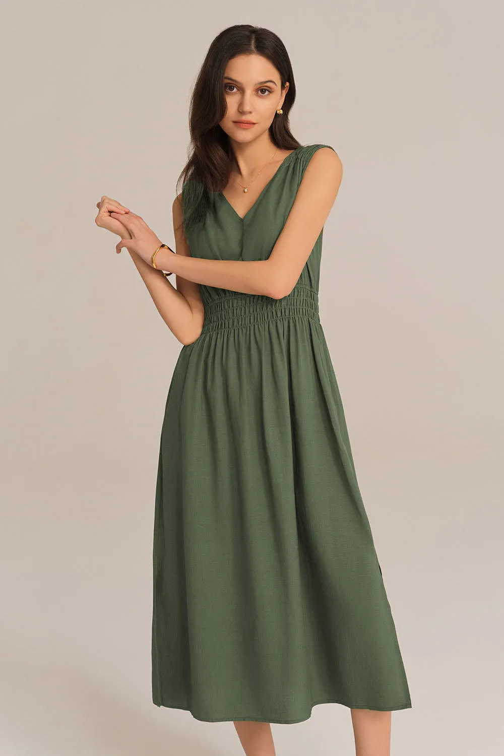 V-Neck Sleeveless Side Slit Elastic Waist A-Line Midi Dress - Green sold by Grace Karin product image thumbnail 2