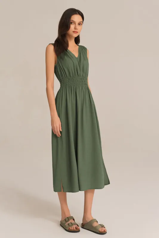 V-Neck Sleeveless Side Slit Elastic Waist A-Line Midi Dress - Green sold by Grace Karin