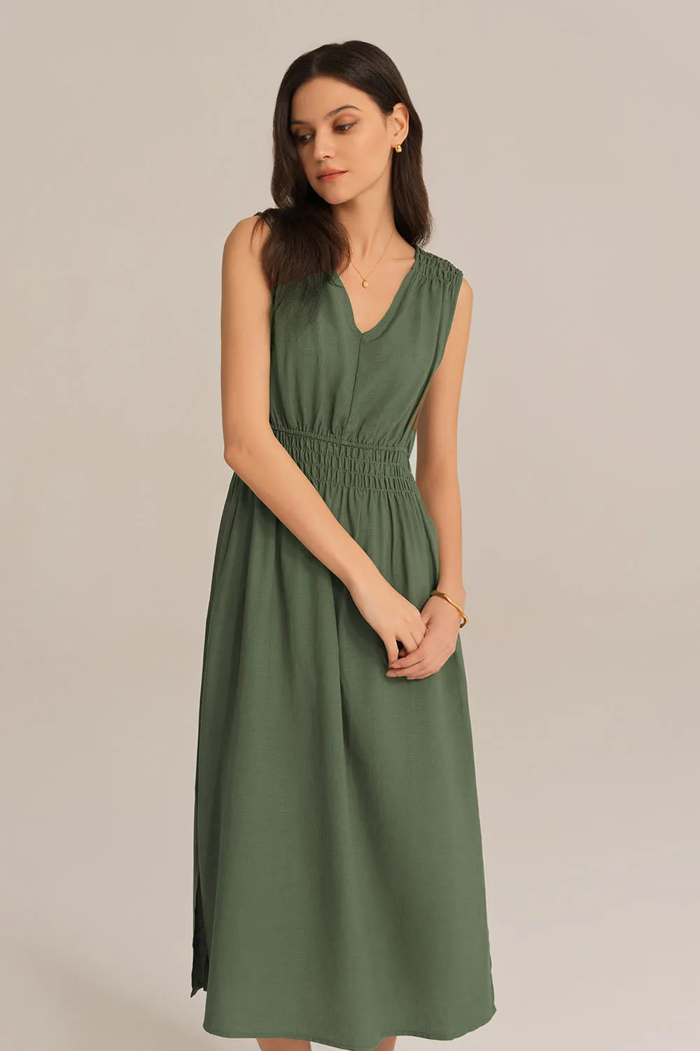 V-Neck Sleeveless Side Slit Elastic Waist A-Line Midi Dress - Green sold by Grace Karin product image thumbnail 3