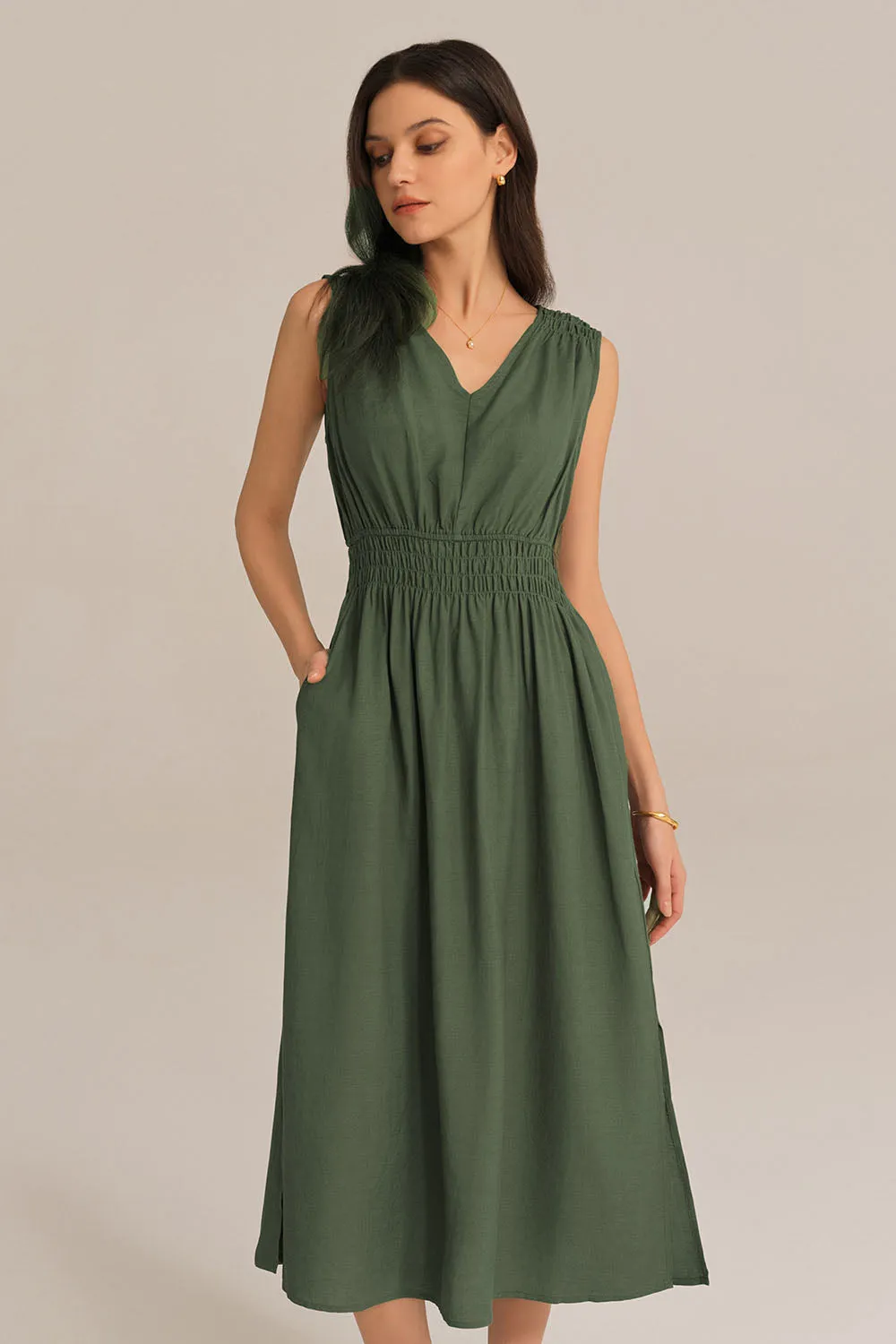 V-Neck Sleeveless Side Slit Elastic Waist A-Line Midi Dress - Green sold by Grace Karin product image thumbnail 5