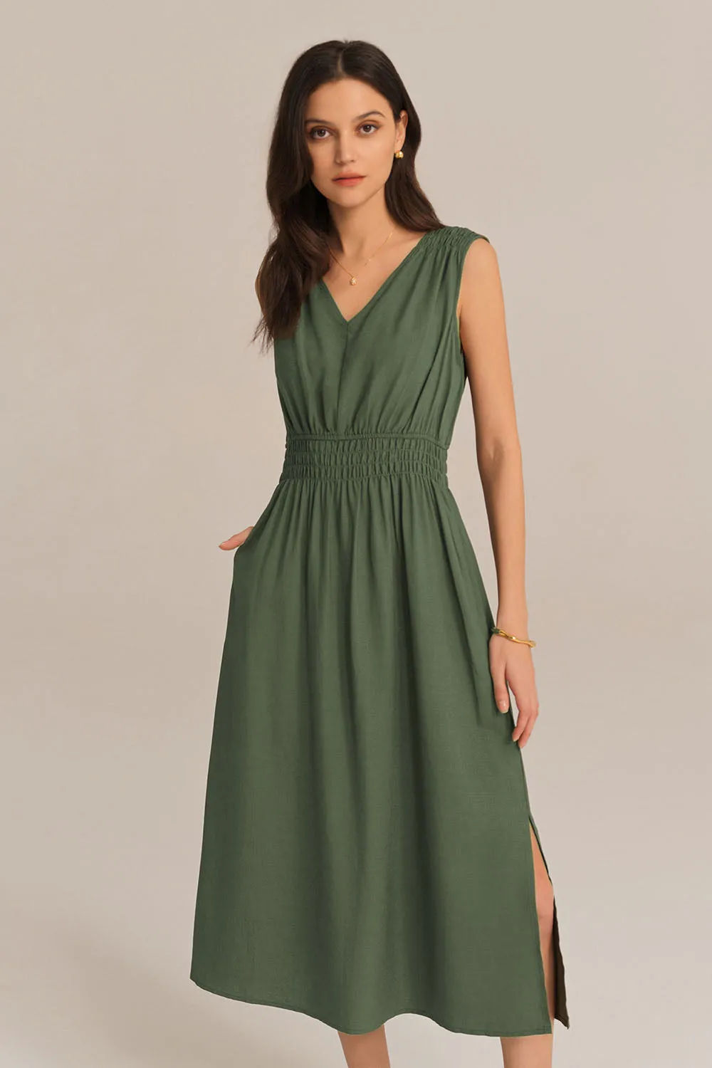 V-Neck Sleeveless Side Slit Elastic Waist A-Line Midi Dress - Green sold by Grace Karin product image thumbnail 4