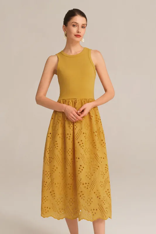 Contrast Fabric Sleeveless Crew Neck Flared A-Line Dress - Orange sold by Grace Karin