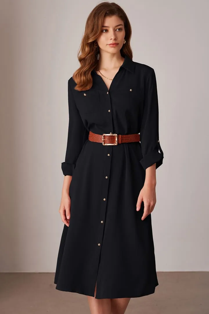 Casual Loose Tie Long Sleeve Button Down Shirt Midi Dresses sold by Grace Karin