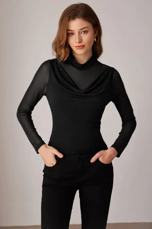 Mesh Sheer Mock Neck Slim Long Sleeve Blouses sold by Grace Karin