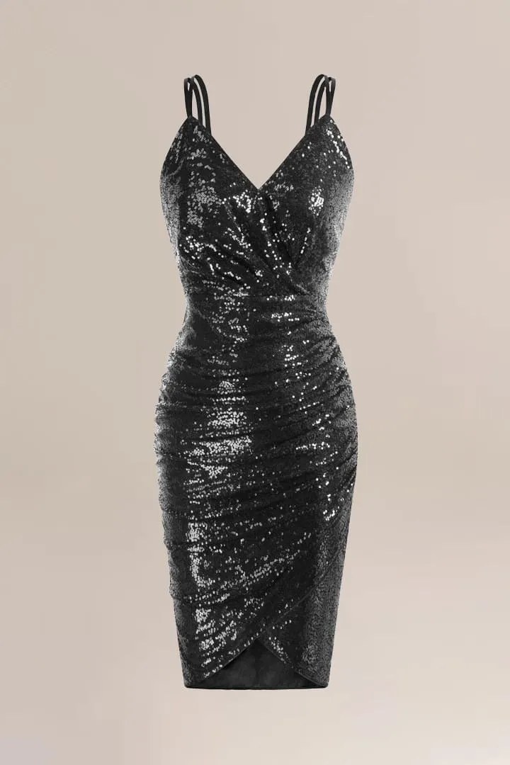 Sequin Ruched Spaghetti Straps Wrap V-Neck Party Bodycon Dress sold by Grace Karin