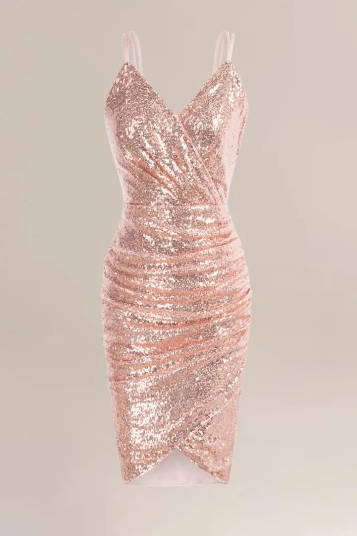 Sequin Ruched Spaghetti Straps Wrap V-Neck Party Bodycon Dress sold by Grace Karin product image thumbnail 3