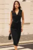 Surplice Neck Sleeveless Ruched Wrap Pencil Midi Dresses sold by Grace Karin