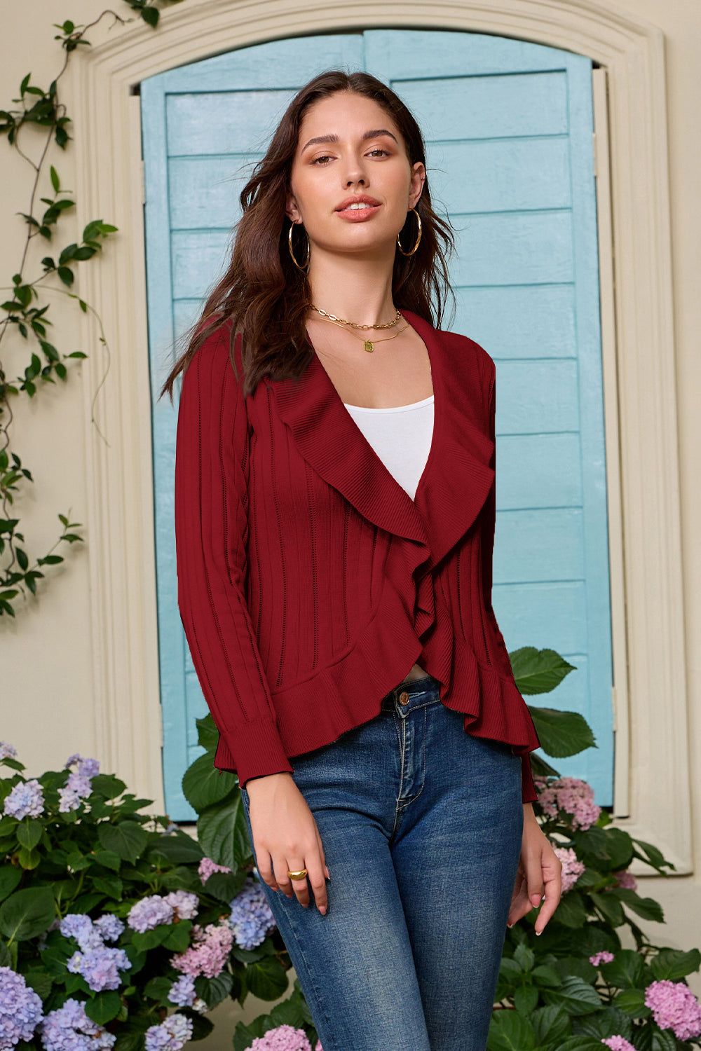 GK Women Ruffle Decorated Cardigan Hollowed-out Long Sleeve Sweater Knitwear sold by Grace Karin product image thumbnail 2