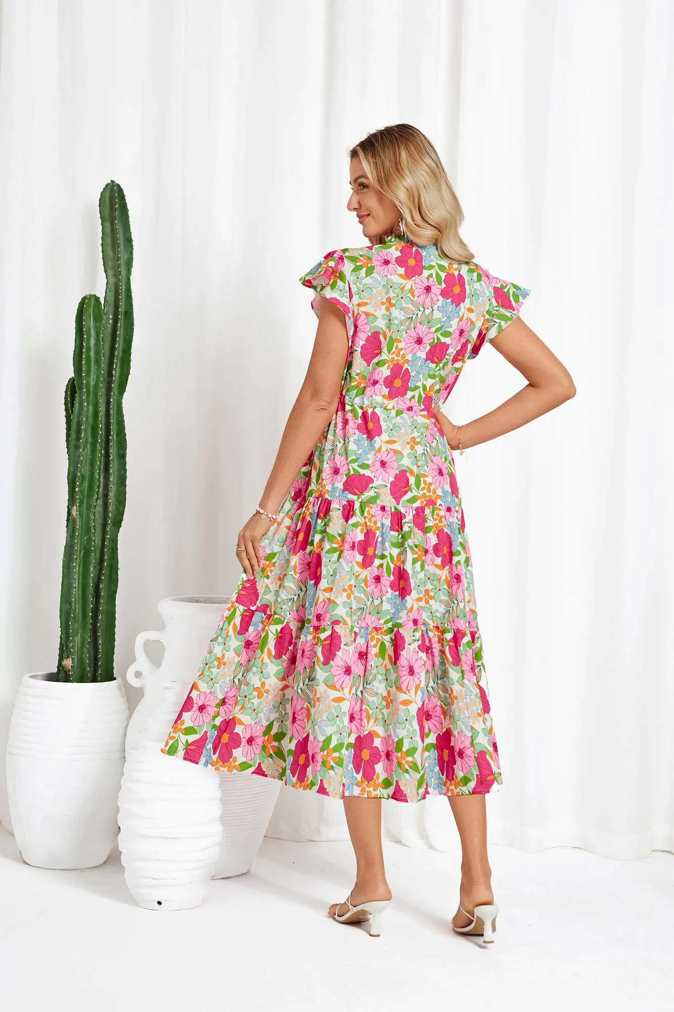 Drawstring Waist Flutter Sleeve V-Neck Tired A-Line Dress sold by Grace Karin product image thumbnail 2