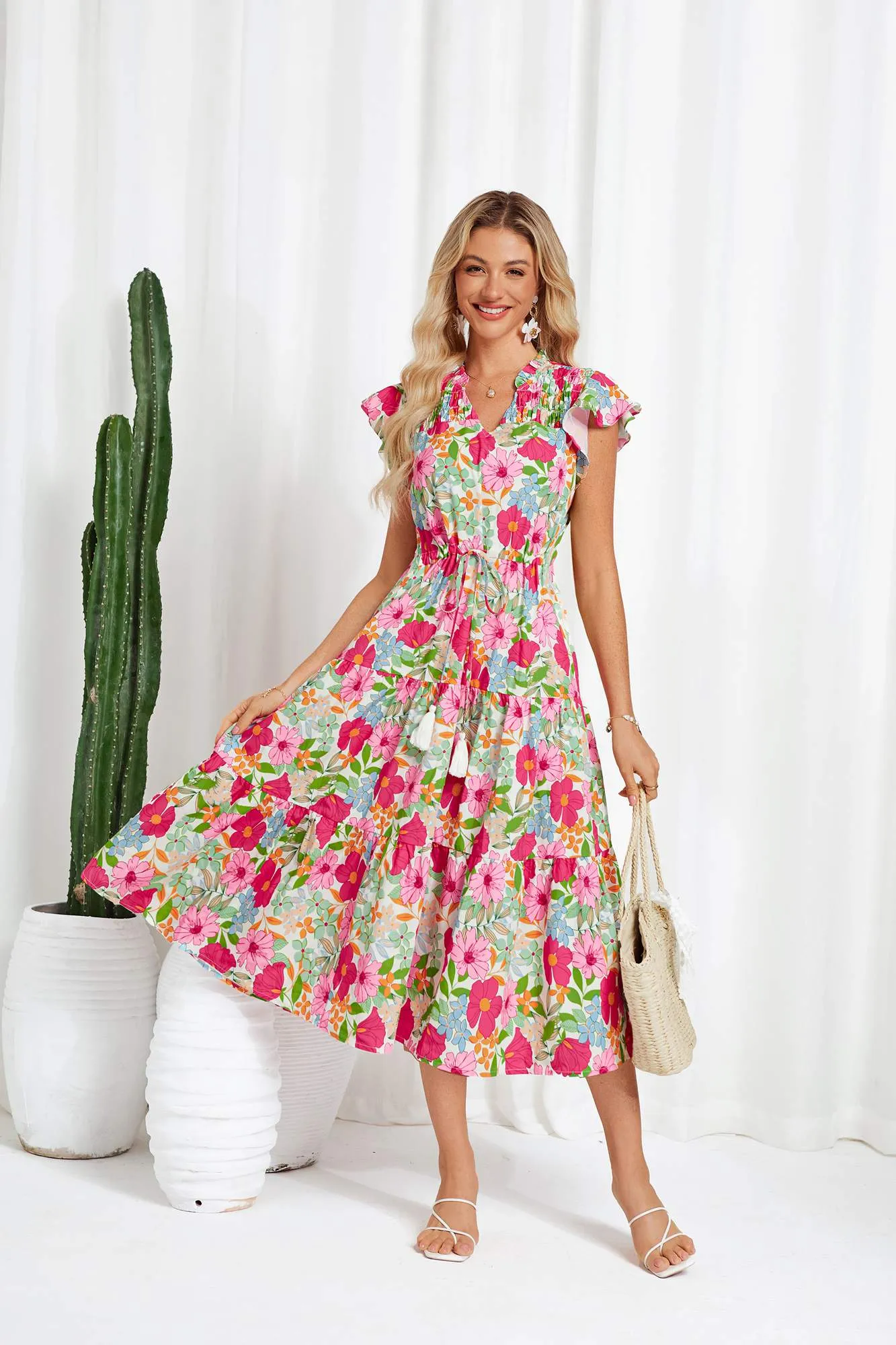 Drawstring Waist Flutter Sleeve V-Neck Tired A-Line Dress sold by Grace Karin product image thumbnail 3