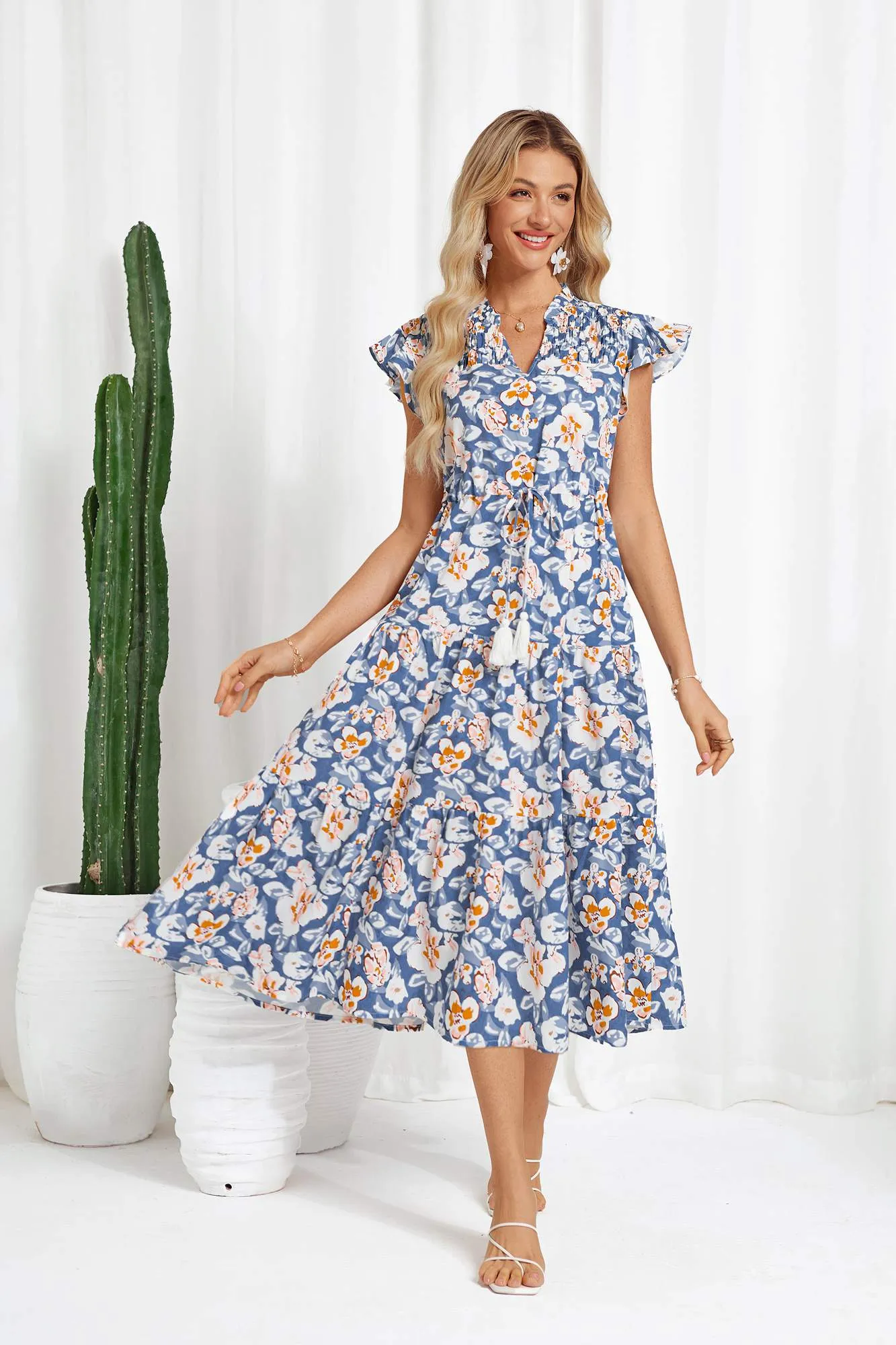 Drawstring Waist Flutter Sleeve V-Neck Tired A-Line Dress sold by Grace Karin product image thumbnail 5