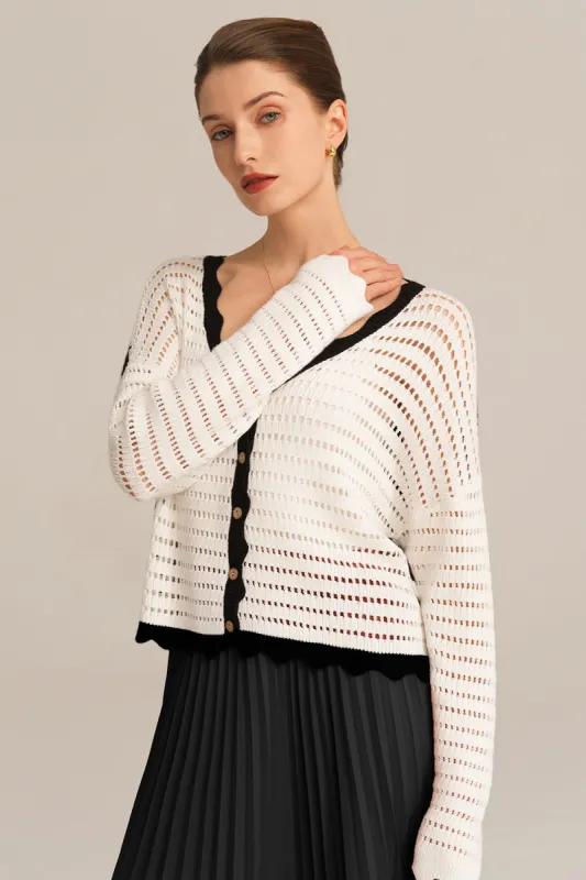 Hollowed-out Contrast Color Long Sleeve Button-up Cardigan sold by Grace Karin