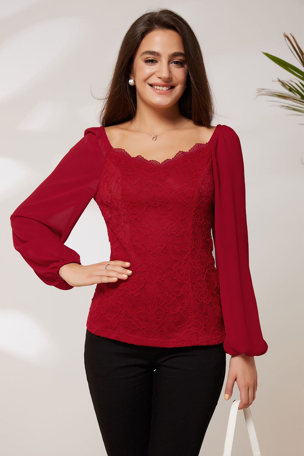 GK Women Lace Patchwork Party Tops Long Sleeve Square V-Neck Pullover Tops sold by Grace Karin product image thumbnail 2