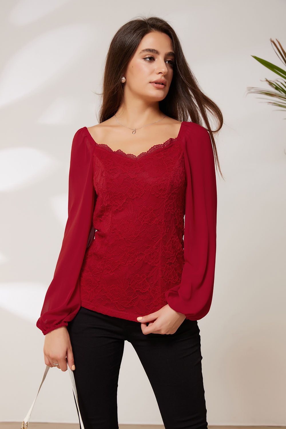 GK Women Lace Patchwork Party Tops Long Sleeve Square V-Neck Pullover Tops sold by Grace Karin