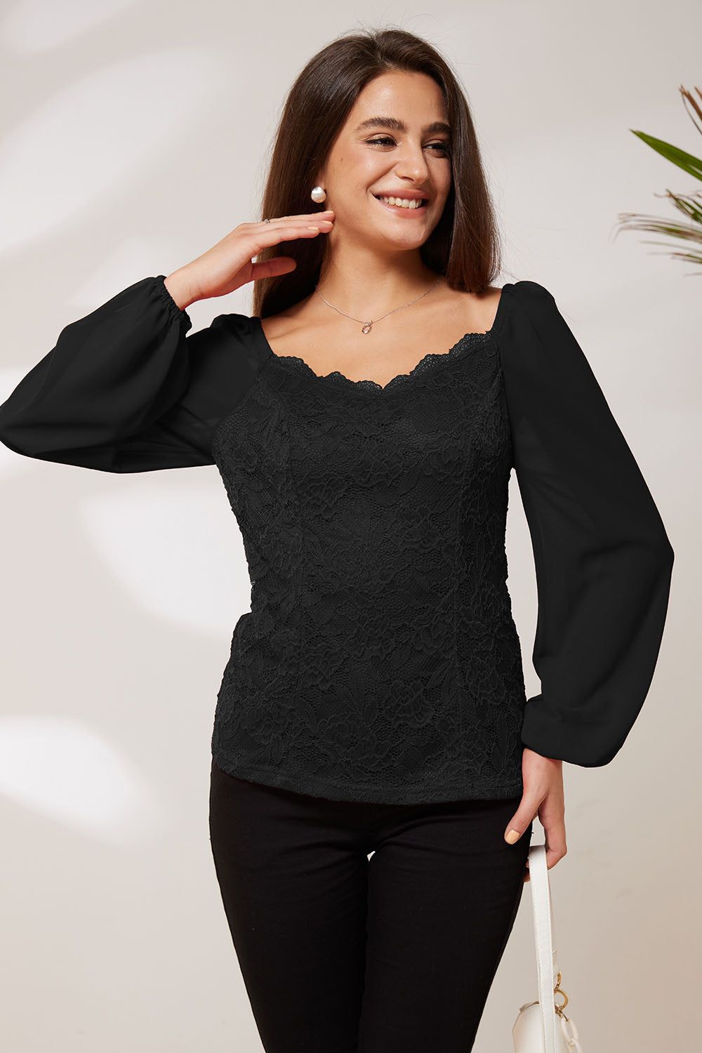 GK Women Lace Patchwork Party Tops Long Sleeve Square V-Neck Pullover Tops sold by Grace Karin product image thumbnail 5