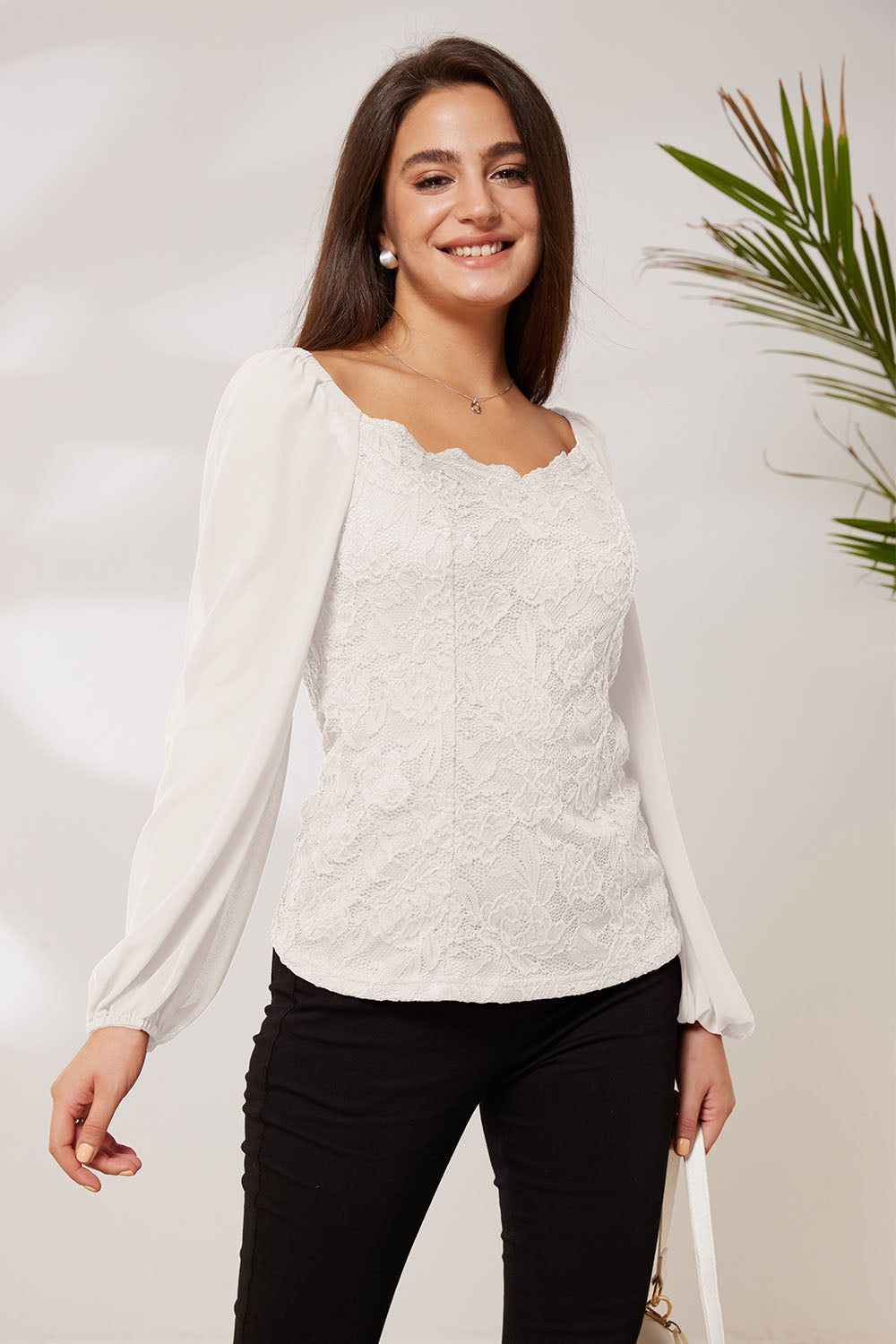 GK Women Lace Patchwork Party Tops Long Sleeve Square V-Neck Pullover Tops sold by Grace Karin product image thumbnail 7