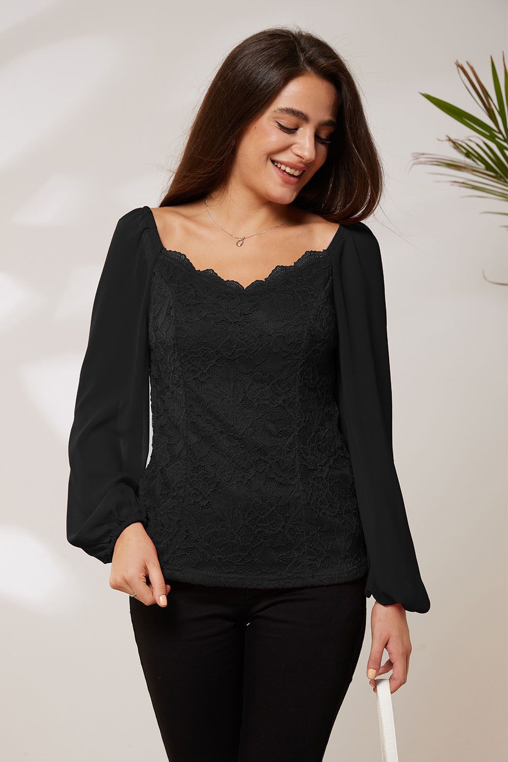 GK Women Lace Patchwork Party Tops Long Sleeve Square V-Neck Pullover Tops sold by Grace Karin product image thumbnail 6