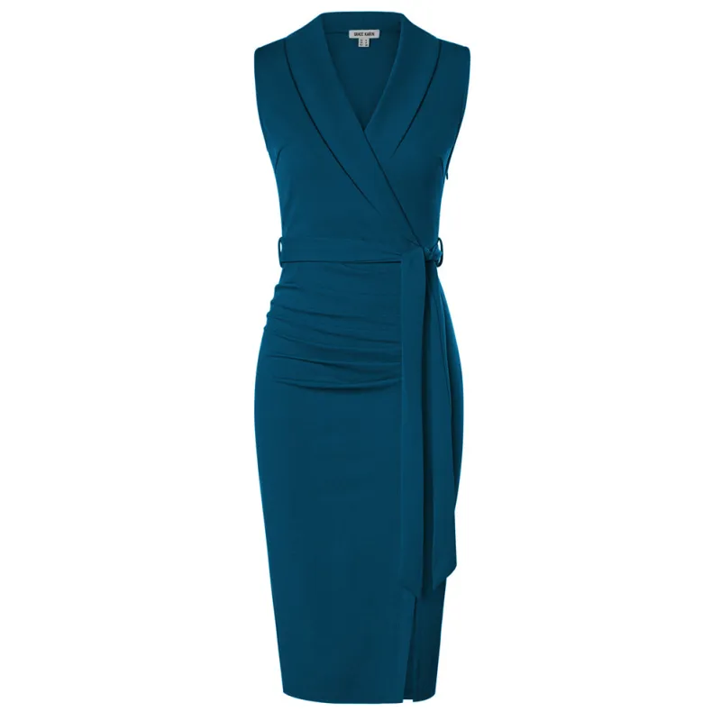 Surplice Neck Sleeveless Ruched Wrap Pencil Midi Dresses sold by Grace Karin