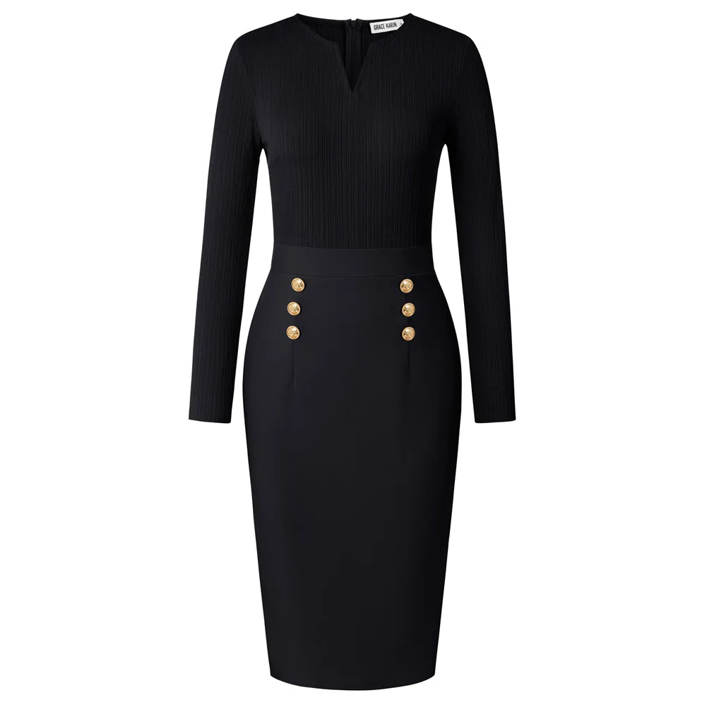 GK Women Defined Waist Dress OL Long Sleeve V-Neck Back Slit Bodycon Dress sold by Grace Karin product image thumbnail 3