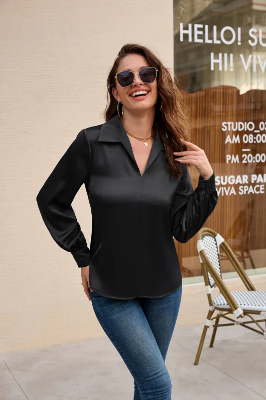 GK Women Lapel Collar Blouse Casual Loose Fit Comfy Long Sleeve V-Neck Tops sold by Grace Karin