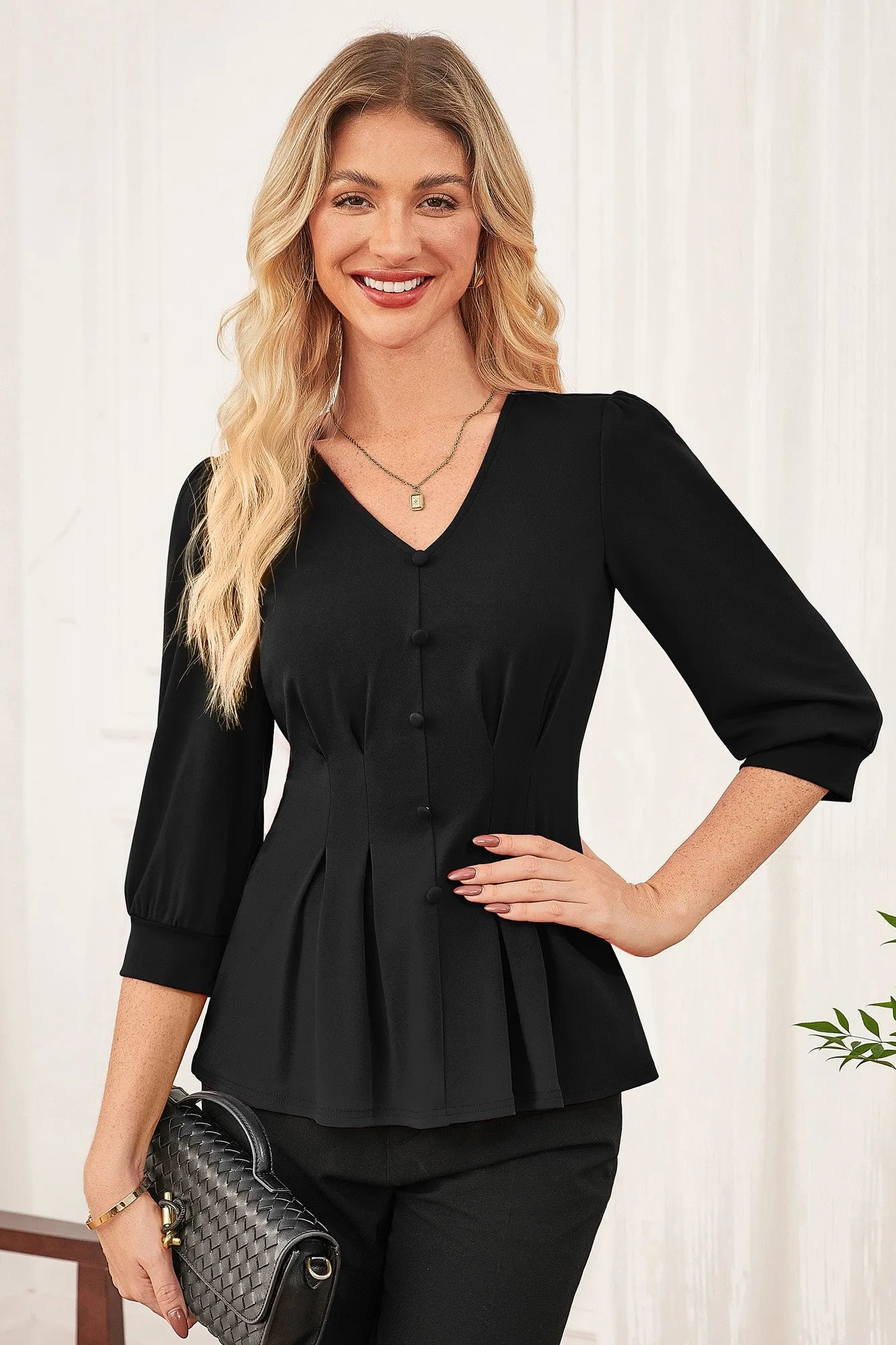 GK Women Pleated Front Tops OL 3/4 Sleeve V-Neck Button Decorated Pullover Tops sold by Grace Karin