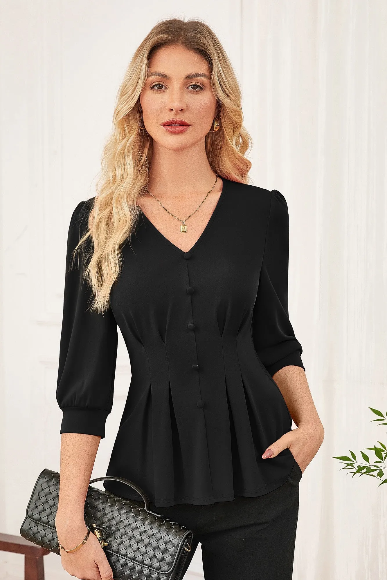 GK Women Pleated Front Tops OL 3/4 Sleeve V-Neck Button Decorated Pullover Tops sold by Grace Karin product image thumbnail 2