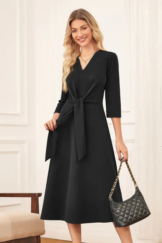 GK Women Dress Belt Decorated Dress 3/4 Sleeve V-Neck Mid-Calf A-Line Dress sold by Grace Karin
