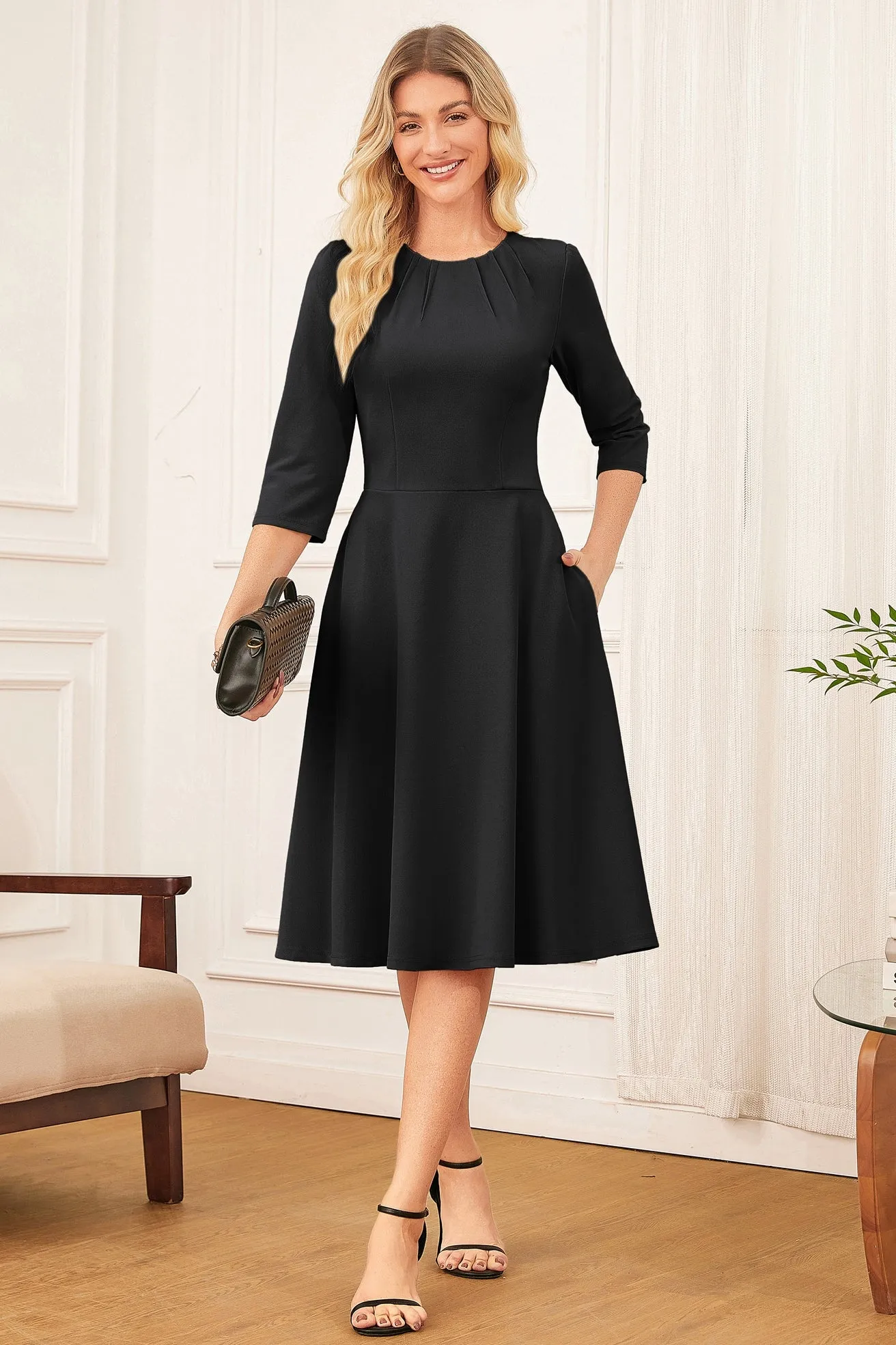 GK Women Below Knee Dress Casual 3/4 Sleeve Crew Neck Flared A-Line Dress sold by Grace Karin product image thumbnail 5