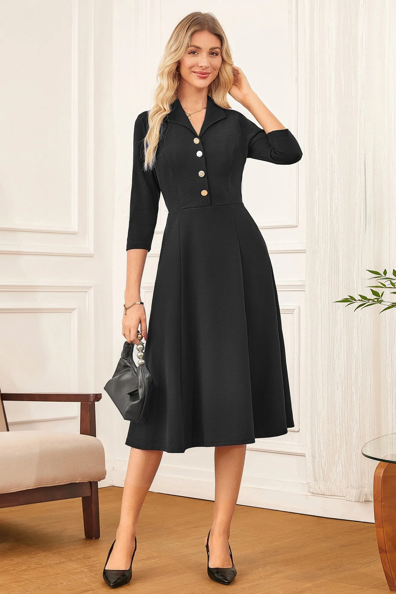 GK Women Lapel Collar Dress OL 3/4 Sleeve V-Neck Mid-Calf A-Line Dress sold by Grace Karin product image thumbnail 2