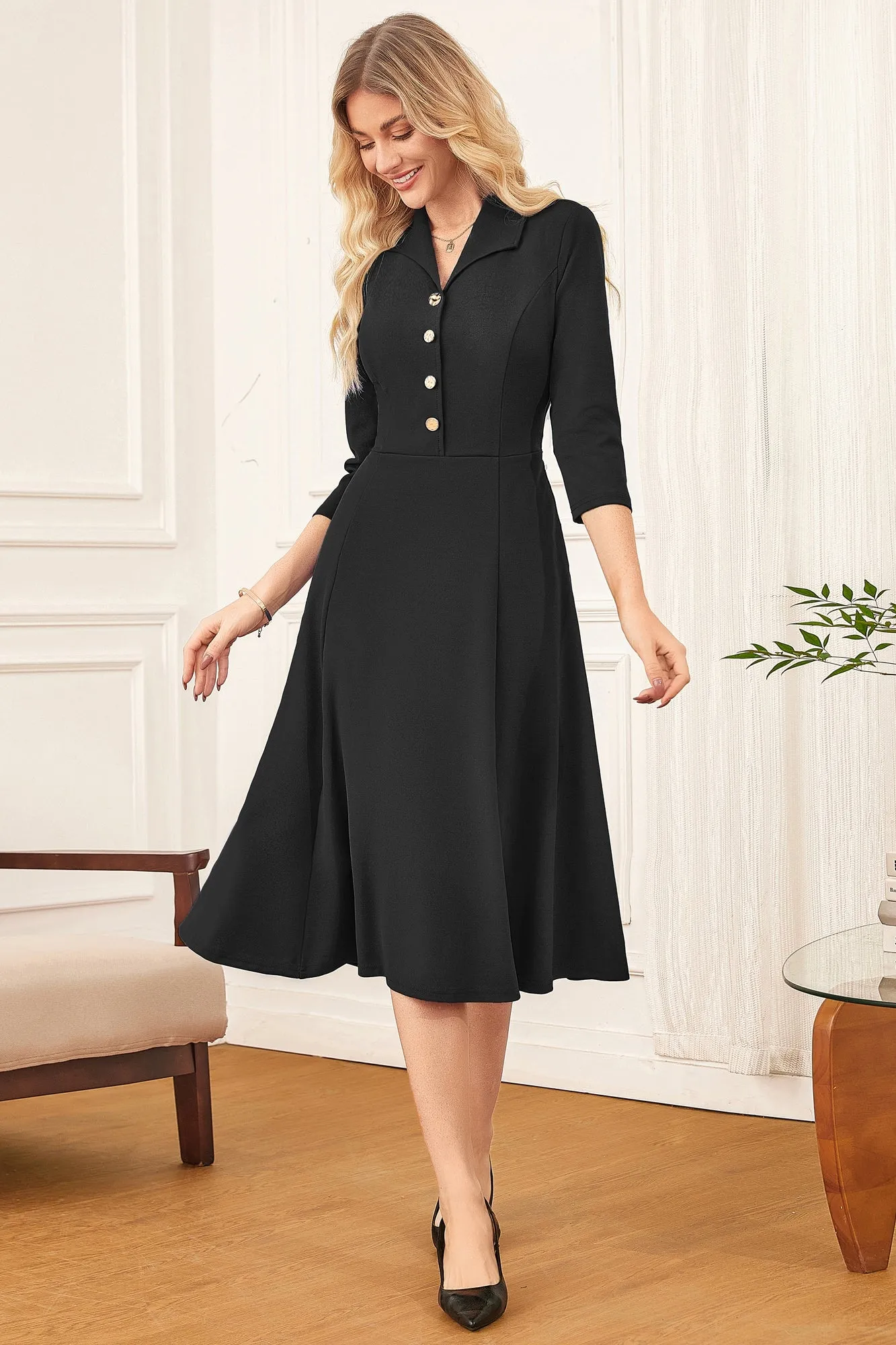 GK Women Lapel Collar Dress OL 3/4 Sleeve V-Neck Mid-Calf A-Line Dress sold by Grace Karin product image thumbnail 4