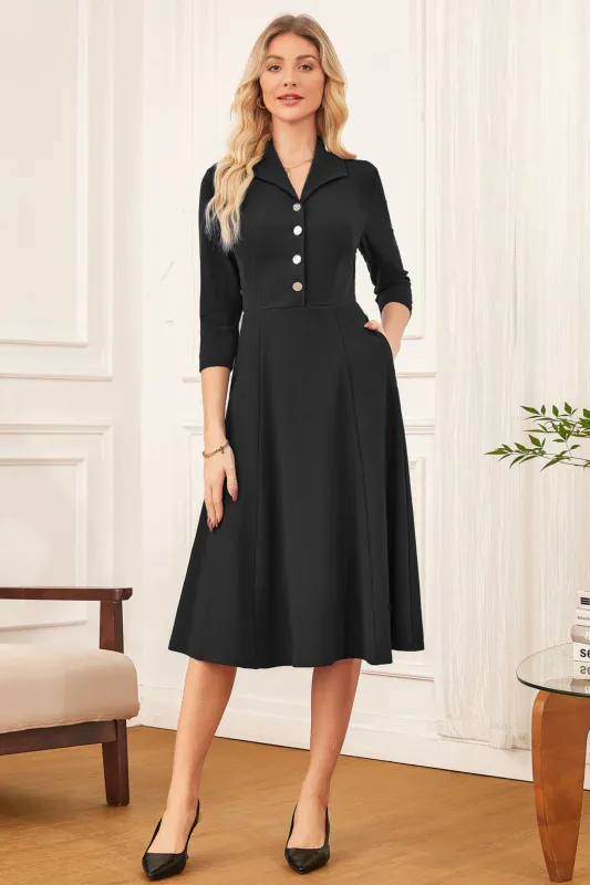 GK Women Lapel Collar Dress OL 3/4 Sleeve V-Neck Mid-Calf A-Line Dress sold by Grace Karin