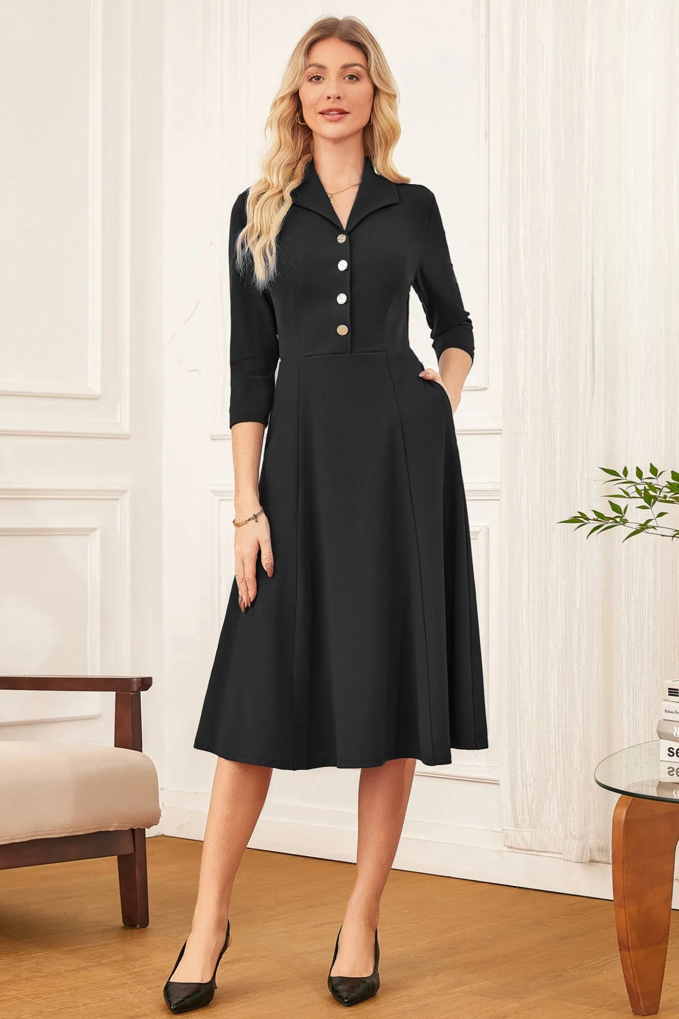 GK Women Lapel Collar Dress OL 3/4 Sleeve V-Neck Mid-Calf A-Line Dress sold by Grace Karin