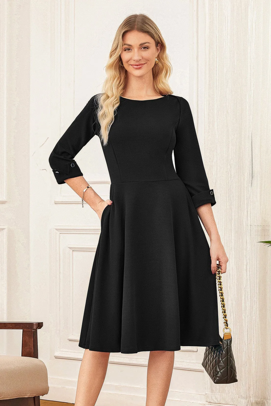GK Women Boat Neck Dress OL 3/4 Sleeve Below Knee Flared A-Line Dress sold by Grace Karin product image thumbnail 2