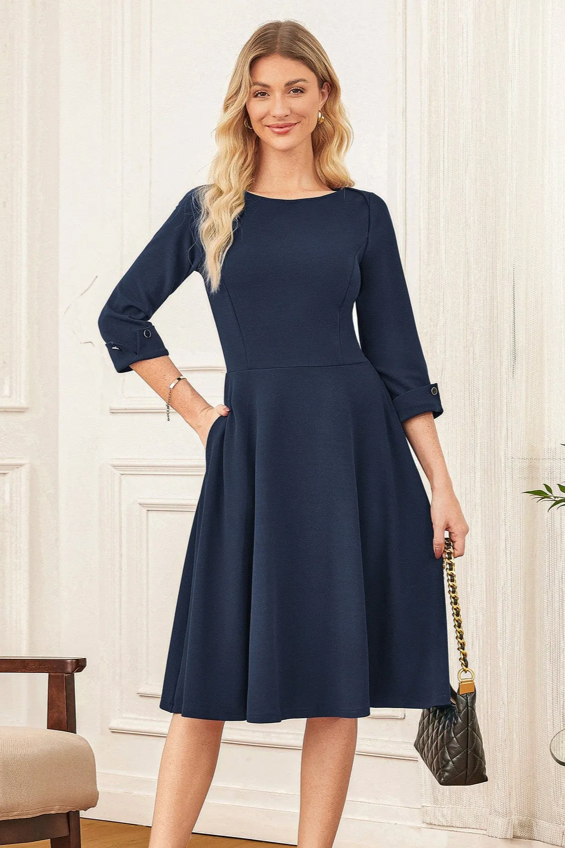 GK Women Boat Neck Dress OL 3/4 Sleeve Below Knee Flared A-Line Dress sold by Grace Karin product image thumbnail 5