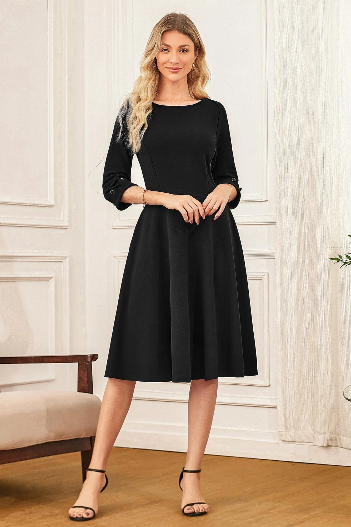 GK Women Boat Neck Dress OL 3/4 Sleeve Below Knee Flared A-Line Dress sold by Grace Karin product image thumbnail 3