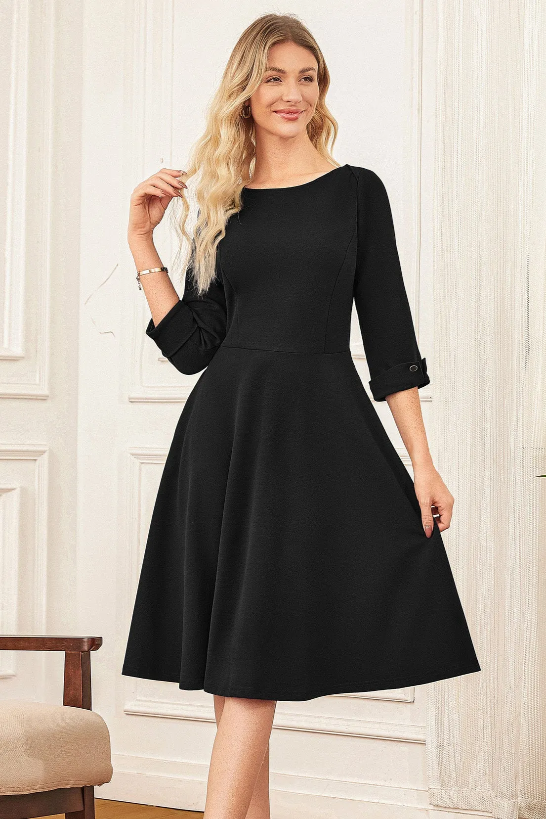 GK Women Boat Neck Dress OL 3/4 Sleeve Below Knee Flared A-Line Dress sold by Grace Karin