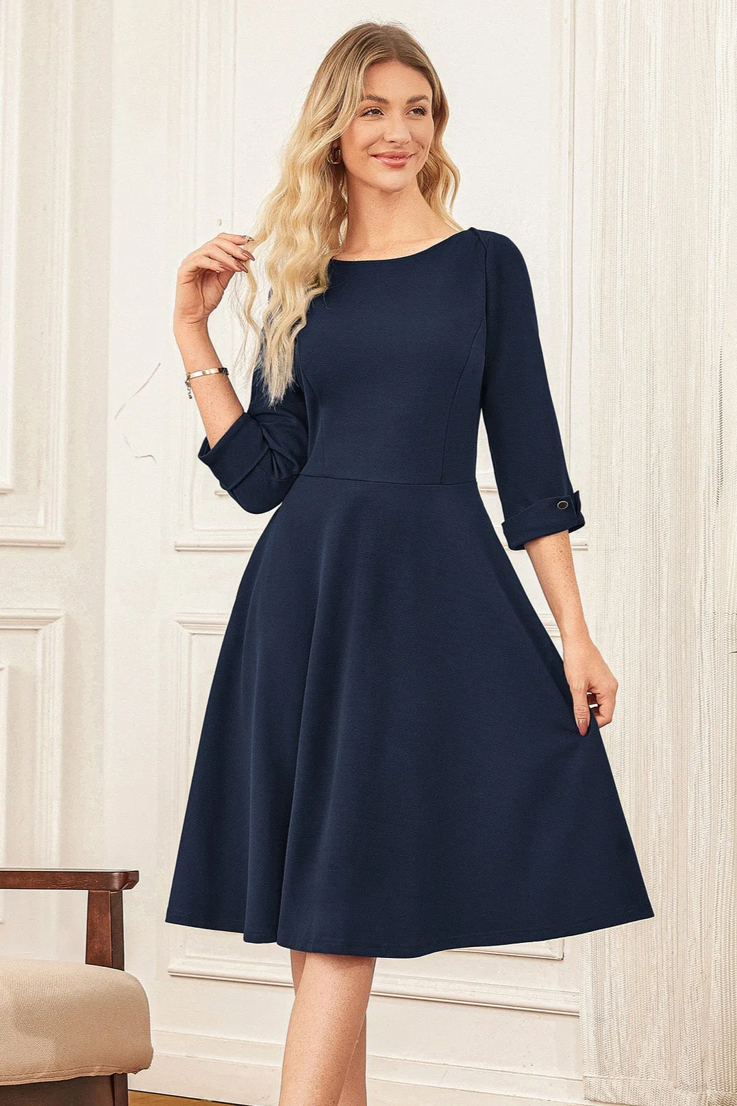 GK Women Boat Neck Dress OL 3/4 Sleeve Below Knee Flared A-Line Dress sold by Grace Karin product image thumbnail 4