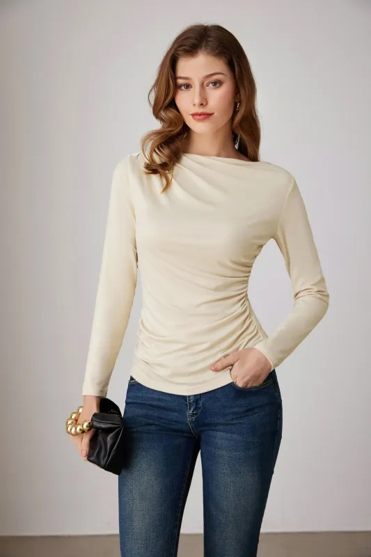 GK Women Ruched Party Tops Comfy Long Sleeve Boat Neck T-Shirt Tops sold by Grace Karin