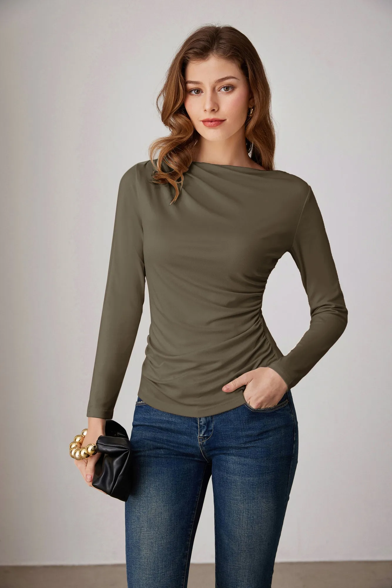 GK Women Ruched Party Tops Comfy Long Sleeve Boat Neck T-Shirt Tops sold by Grace Karin product image thumbnail 3