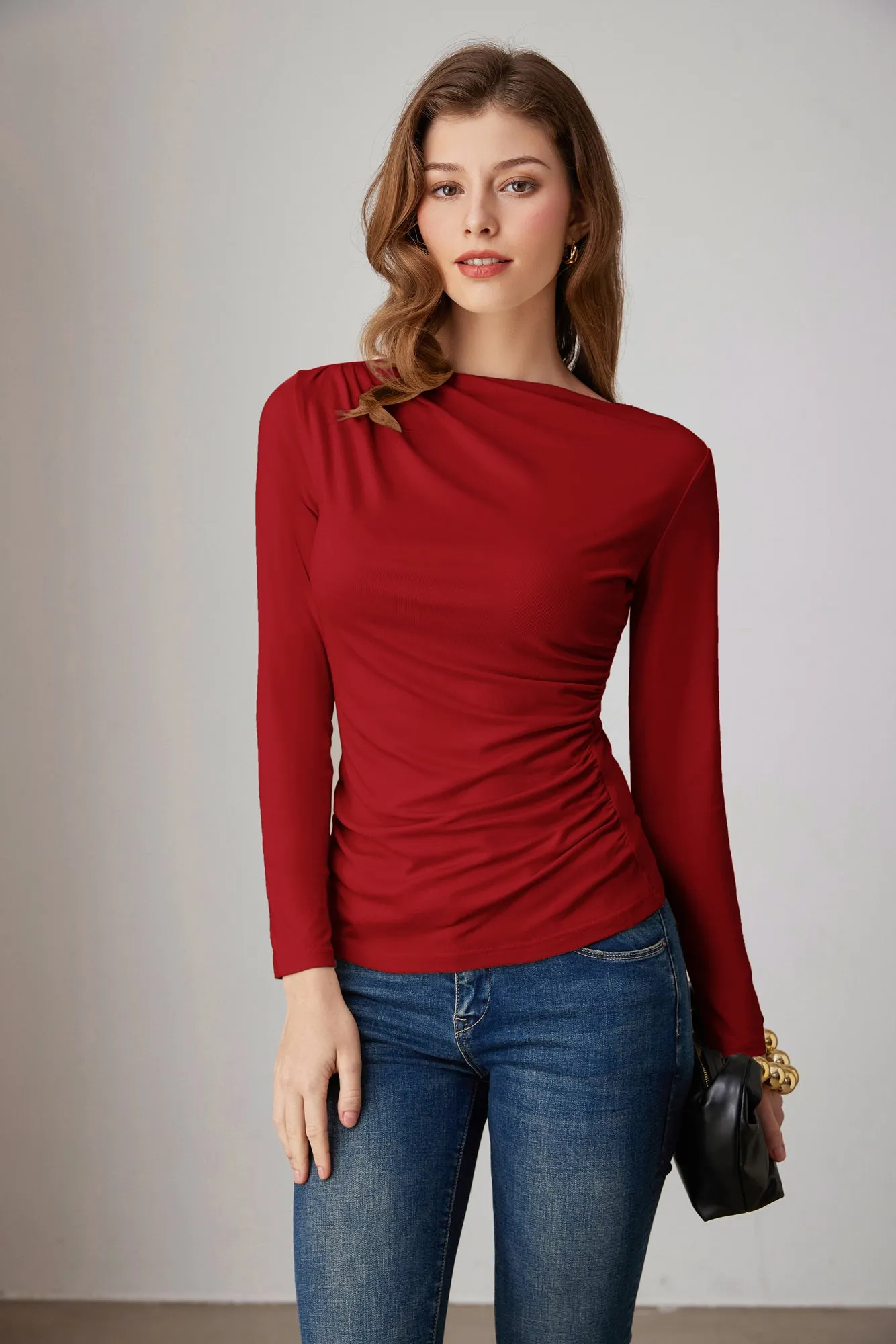 GK Women Ruched Party Tops Comfy Long Sleeve Boat Neck T-Shirt Tops sold by Grace Karin product image thumbnail 2