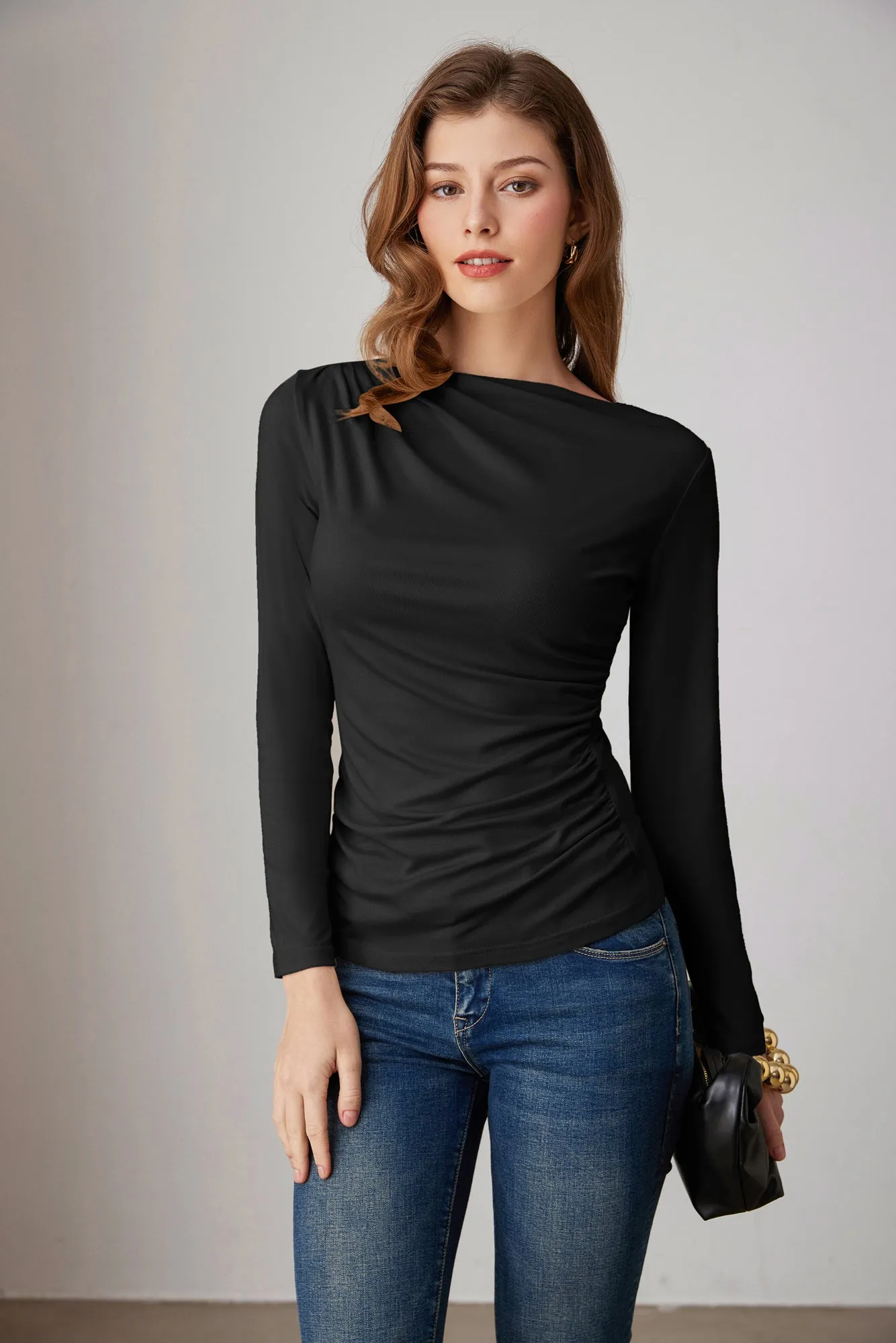 GK Women Ruched Party Tops Comfy Long Sleeve Boat Neck T-Shirt Tops sold by Grace Karin product image thumbnail 4