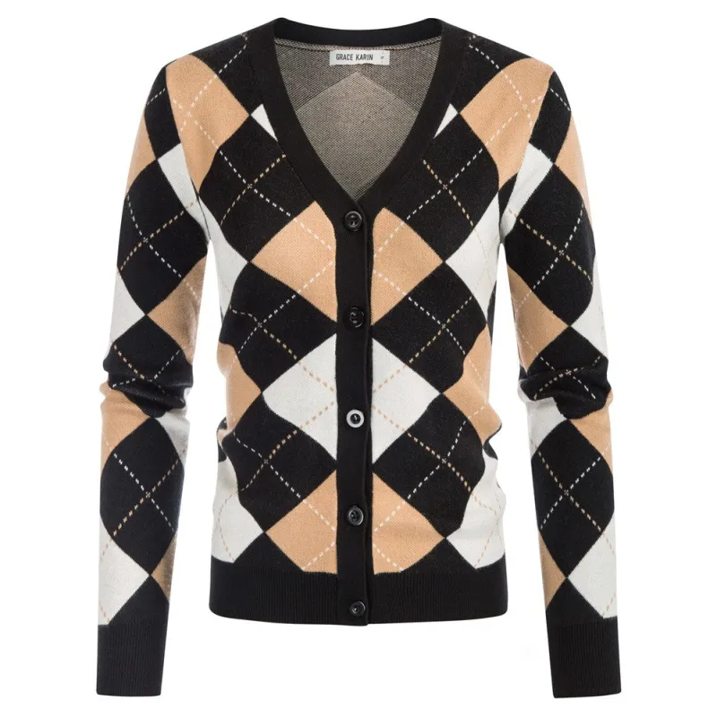 GK Women Diamond Pattern Color Block Cardigan Sweater V-Neck Button-up Knitwear sold by Grace Karin