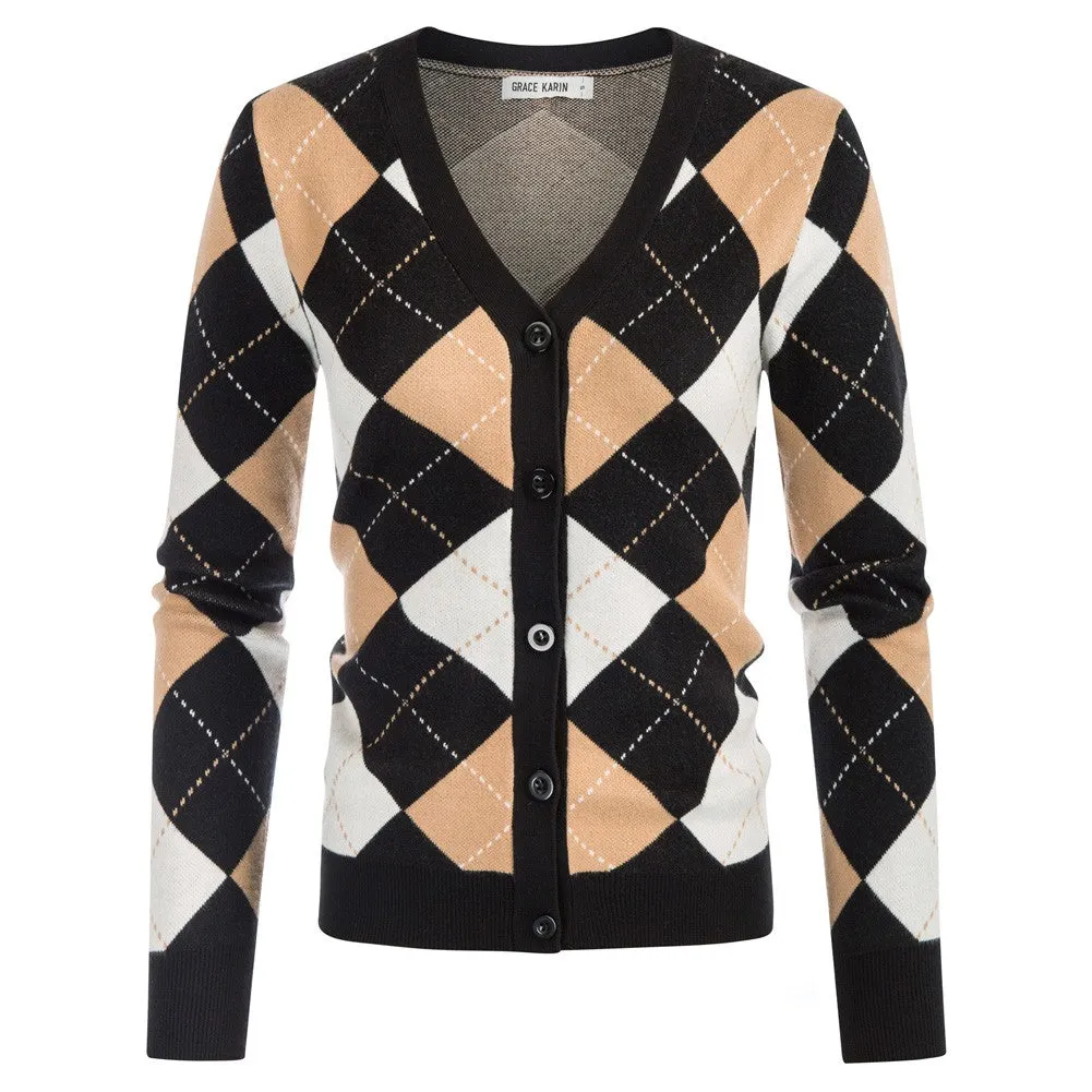 GK Women Diamond Pattern Color Block Cardigan Sweater V-Neck Button-up Knitwear sold by Grace Karin