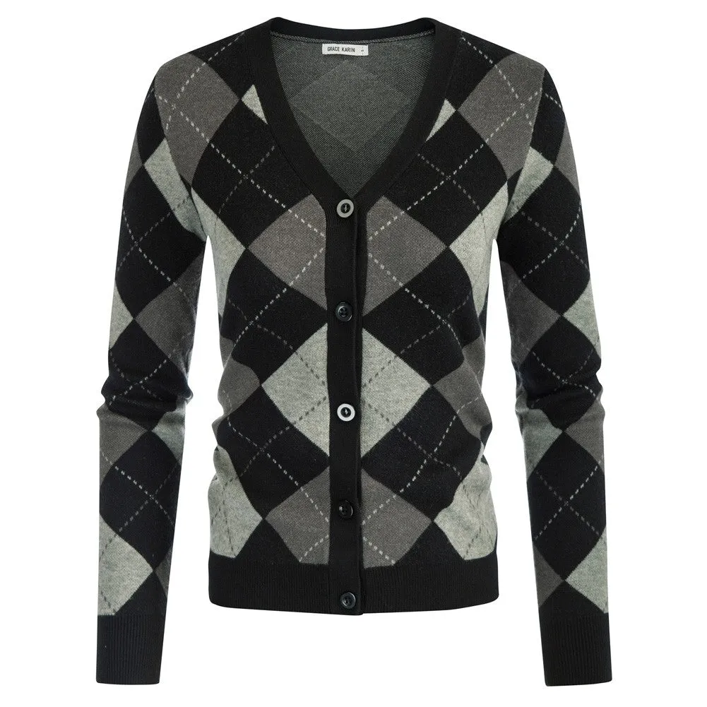 GK Women Diamond Pattern Color Block Cardigan Sweater V-Neck Button-up Knitwear sold by Grace Karin product image thumbnail 3