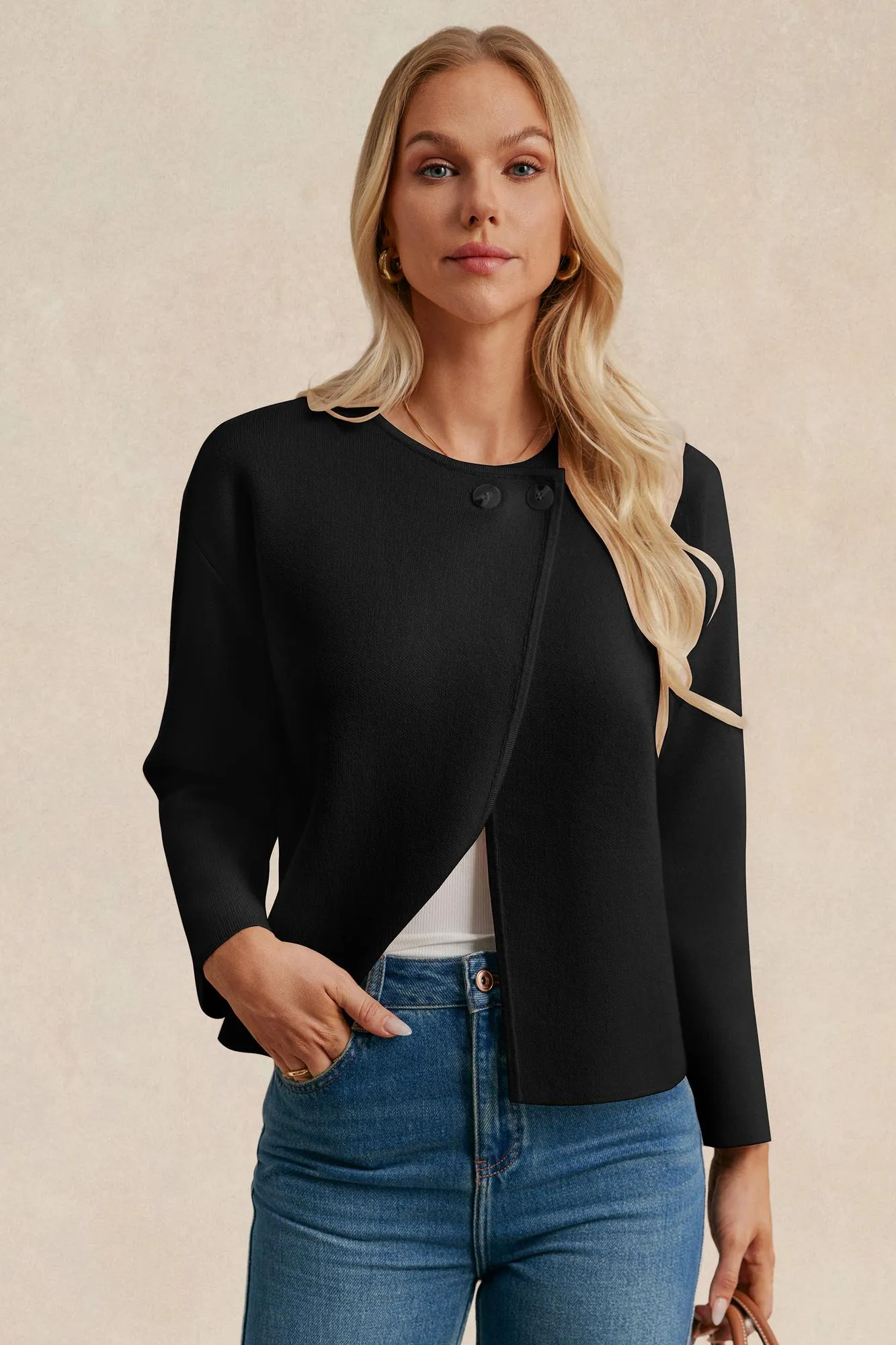 GK Women Lapel Collar Cardigan Loose Fit Long Sleeve Dropped Shoulder Sweater sold by Grace Karin product image thumbnail 4